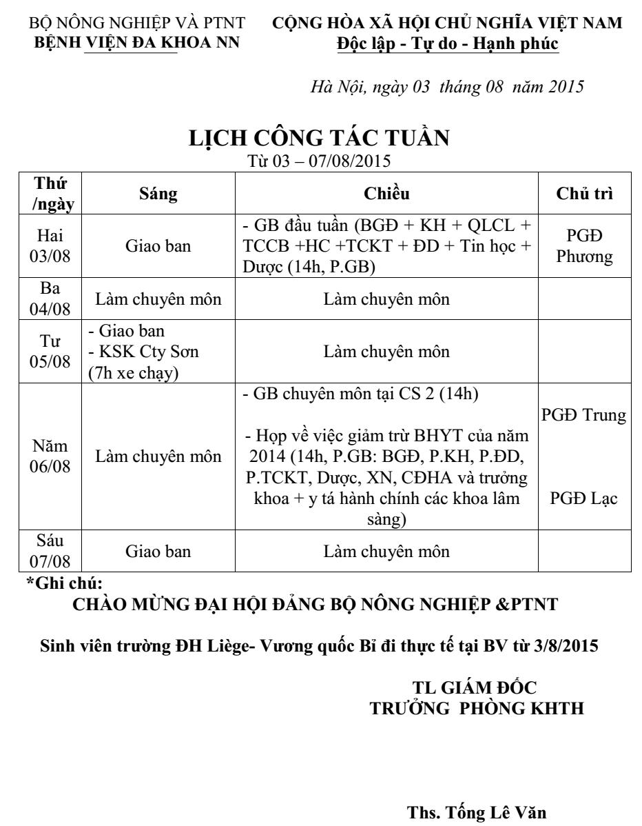 Lịch công tác tuần (từ ngày 03 đến 07/8/2015)