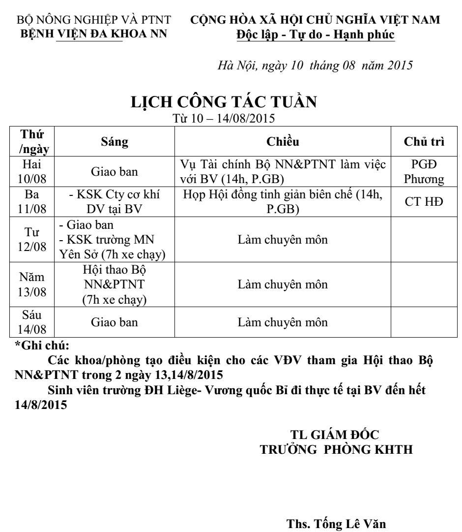 Lịch công tác tuần (từ 10 đến 14/8/2015)