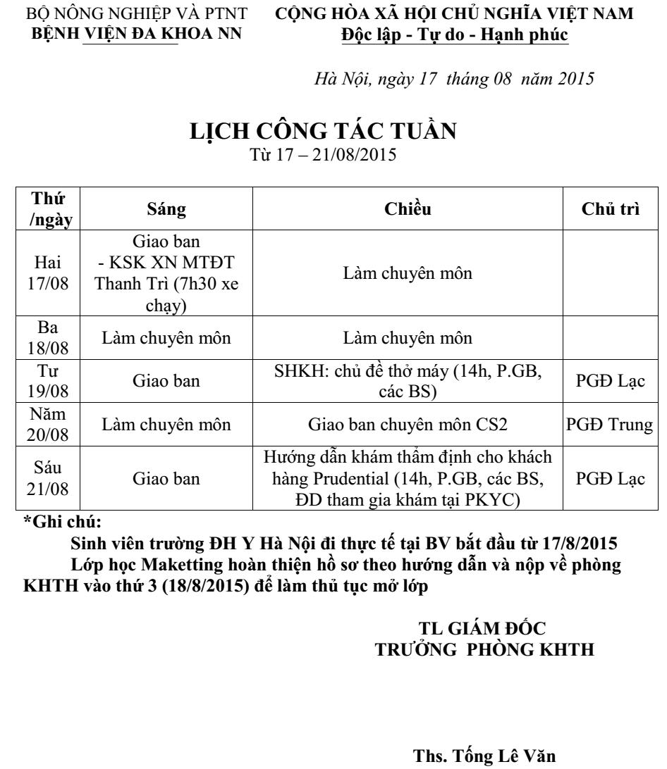 Lịch công tác tuần (từ ngày 17 đến 21/8/2015)