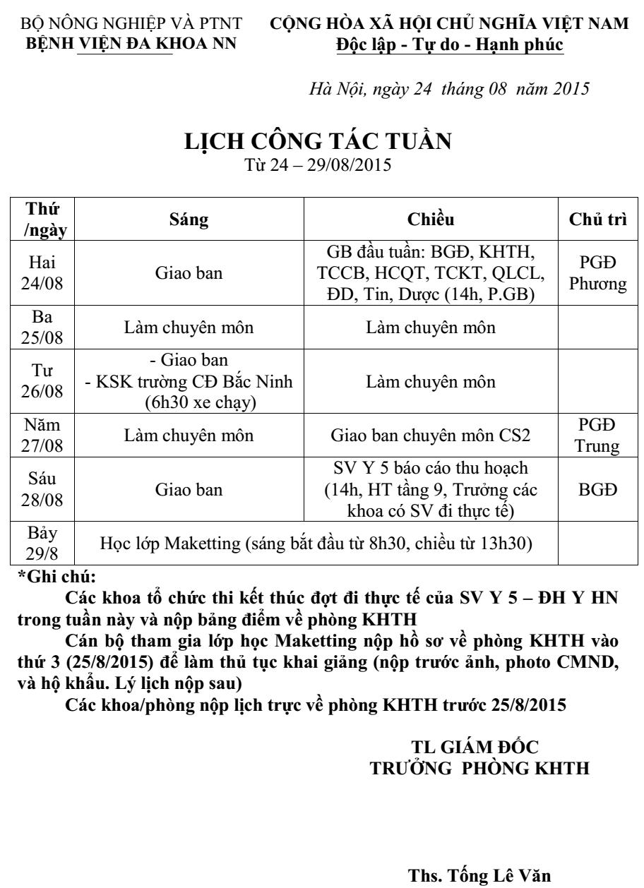 Lịch công tác tuần (từ ngày 24 đến 29/8/2015)