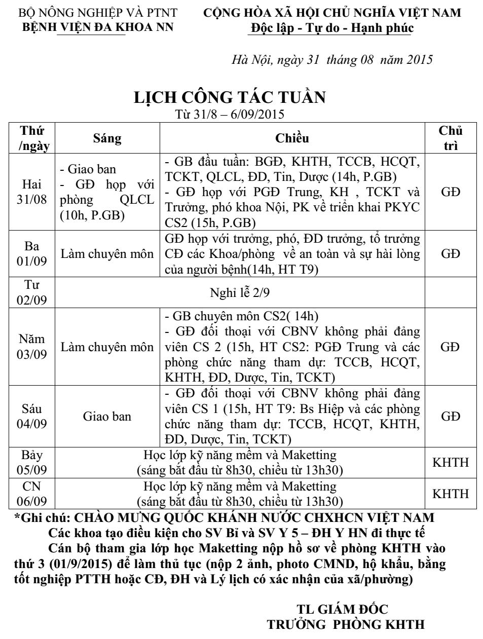 Lịch công tác tuần (từ ngày 31/8/2015 đến 06/9/2015)