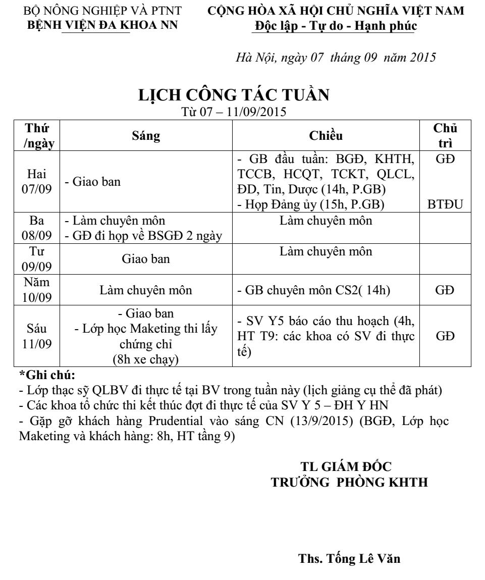 Lịch công tác tuần (từ ngày 07 đến 11/9/2015)