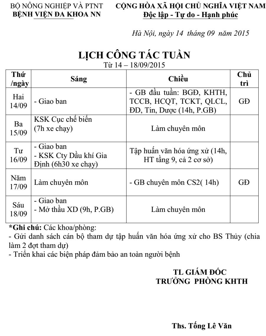 Lịch công tác tuần (từ ngày 14 đến 19/9/2015)