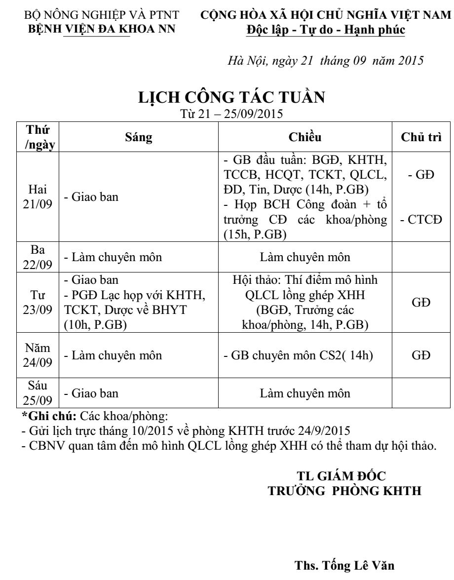 Lịch công tác tuần (từ ngày 21 đến 25/9/2015)