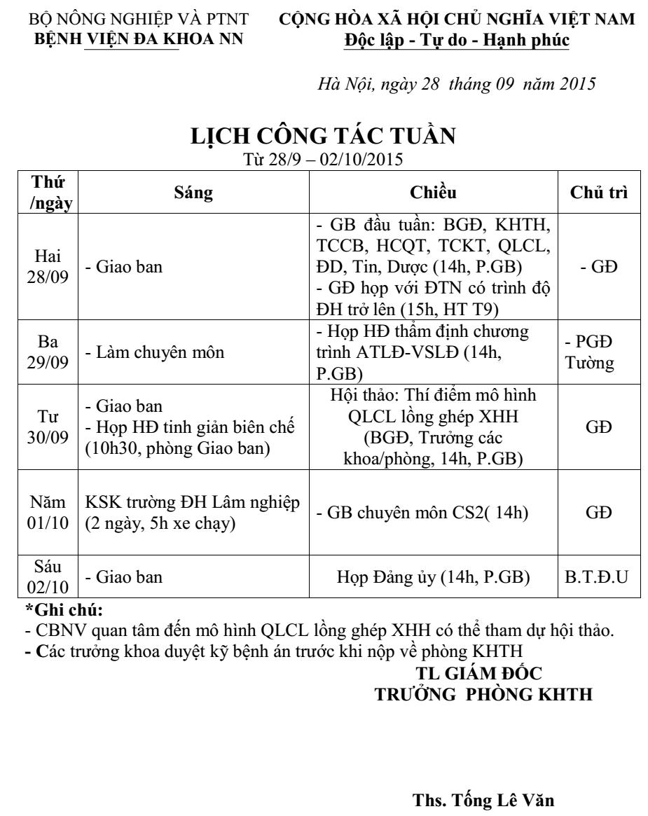 Lịch công tác tuần (từ ngày 28/9/2015 đến 02/10/2015)