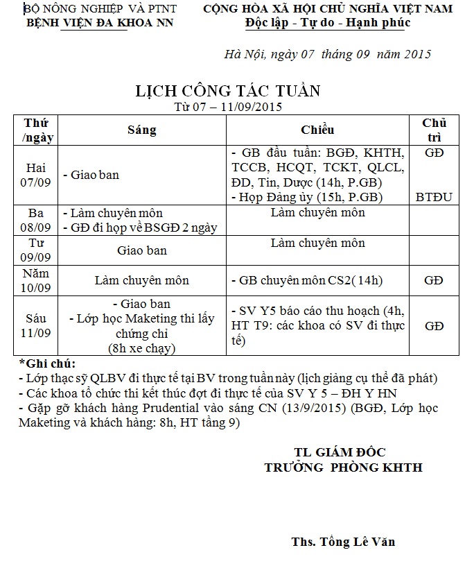 Lịch công tác tuần (từ ngày 7/9/2015 đến 11/9/2015)