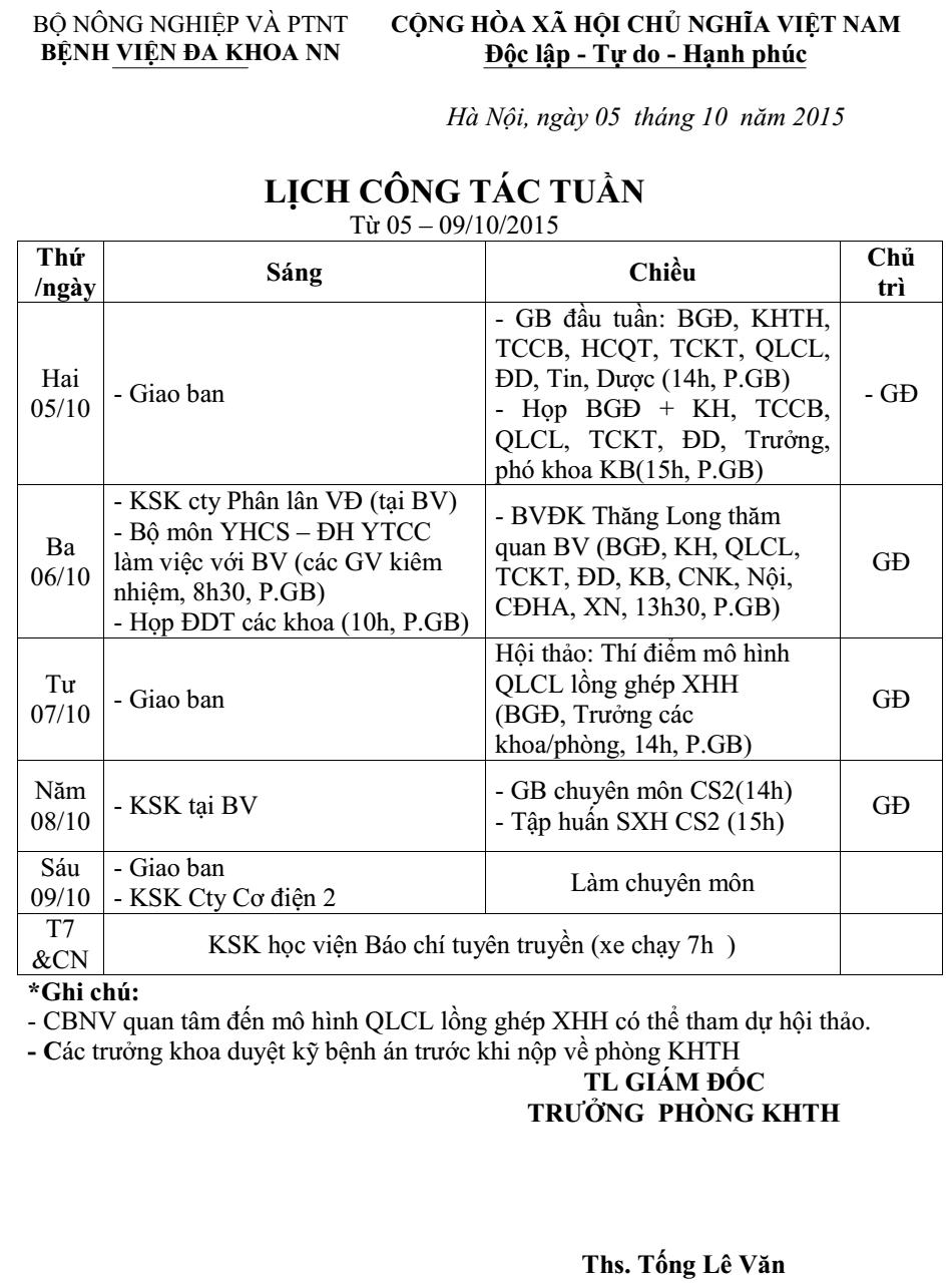 Lịch công tác tuần (từ ngày 05 đến 09/10/2015)