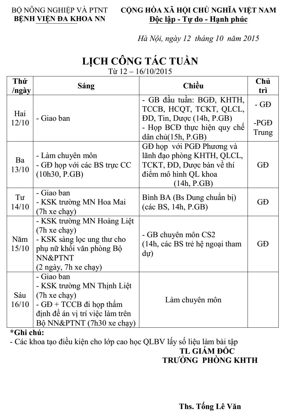 Lịch công tác tuần (từ ngày 12 đến 16/10/2015)