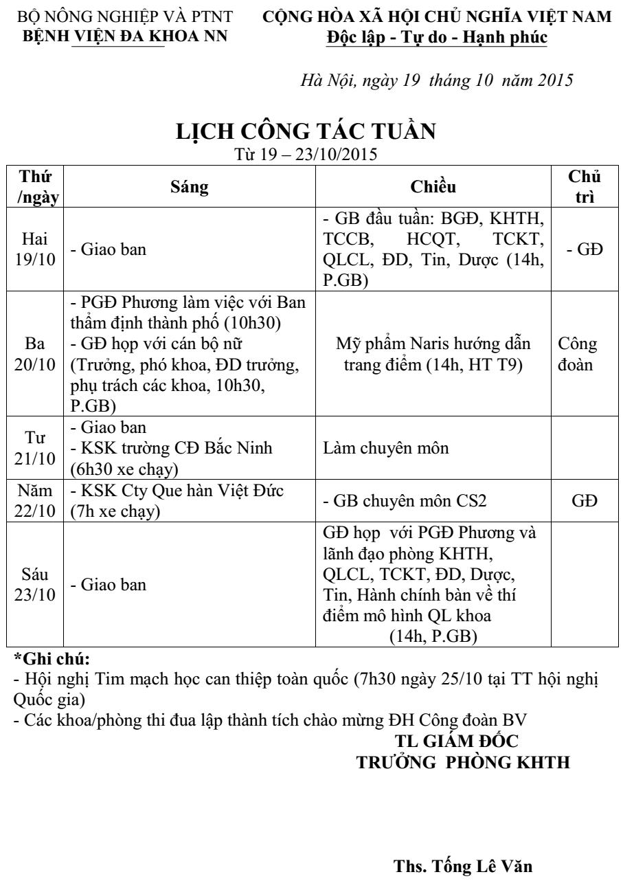 Lịch công tác tuần (từ ngày 19 đến 23/10/2015)