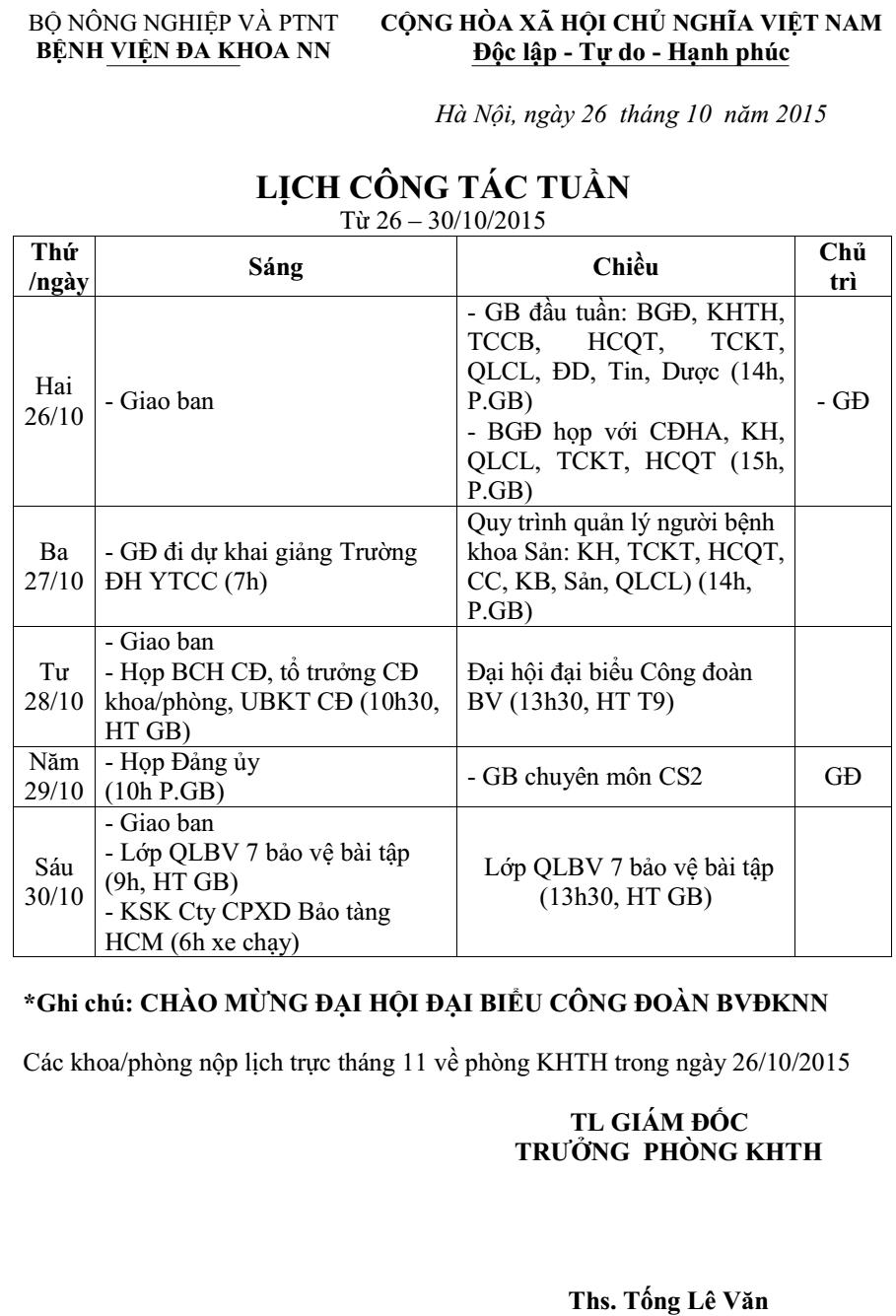 Lịch công tác tuần (từ ngày 26 đến 30/10/2015)