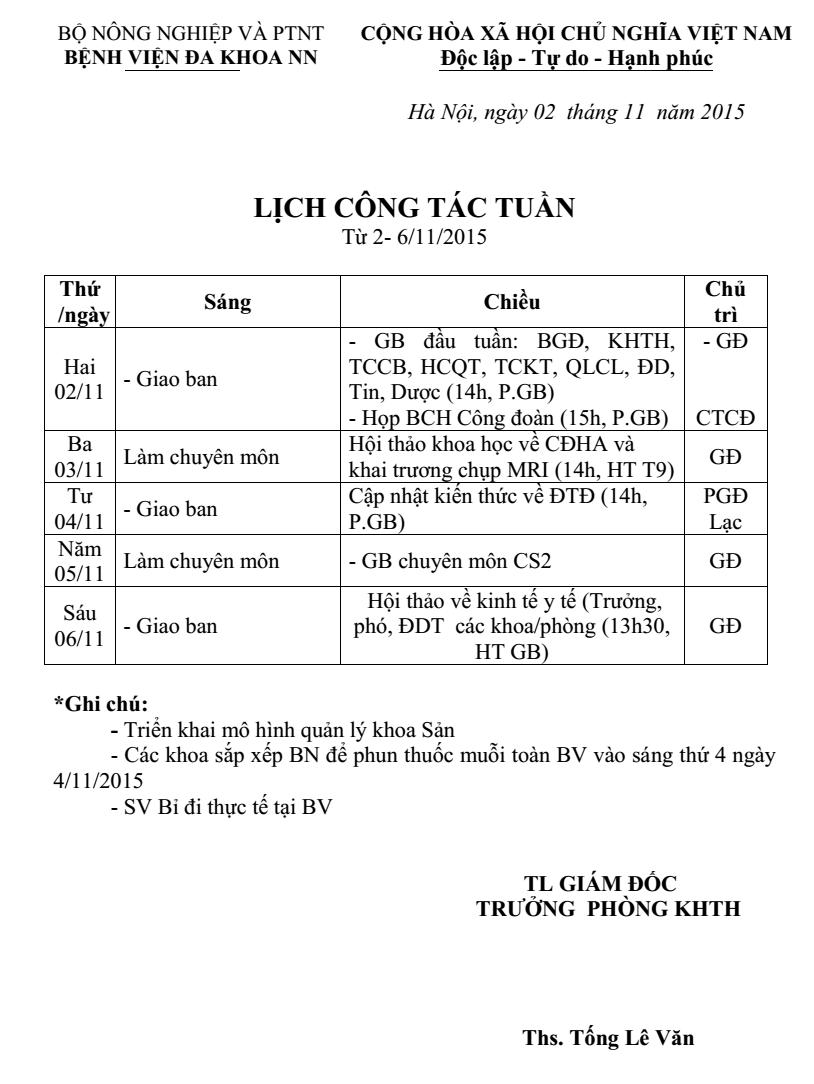 Lịch công tác tuần (từ ngày 02 đến 6/11/2015)