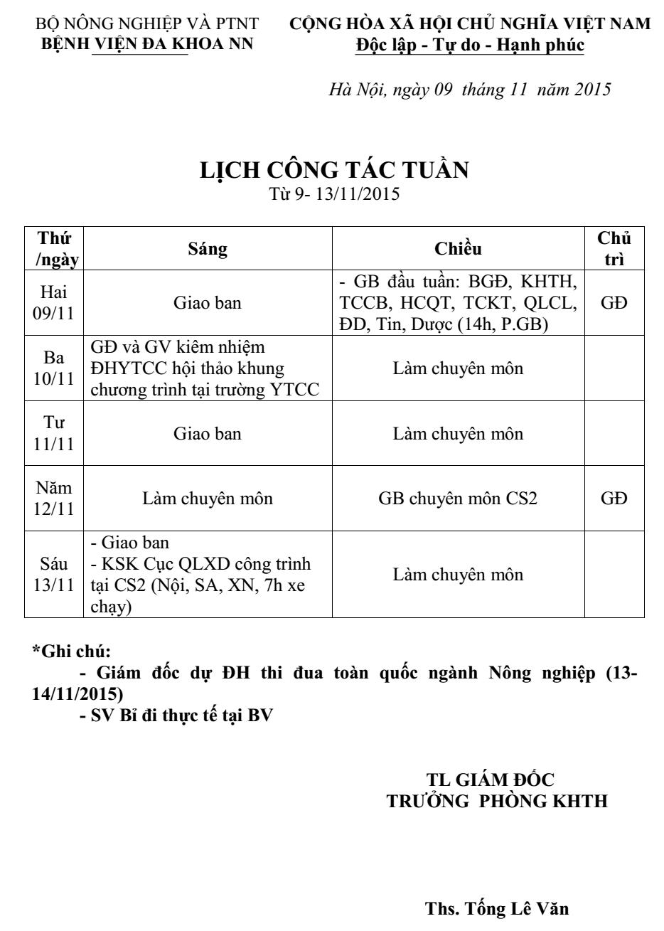 Lịch công tác tuần (từ ngày 09 đến 13/11/2015)