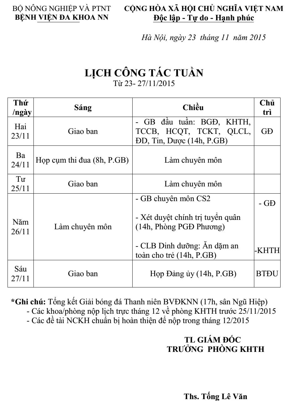 Lịch công tác tuần (từ ngày 23 đến ngày 27/11/2015)