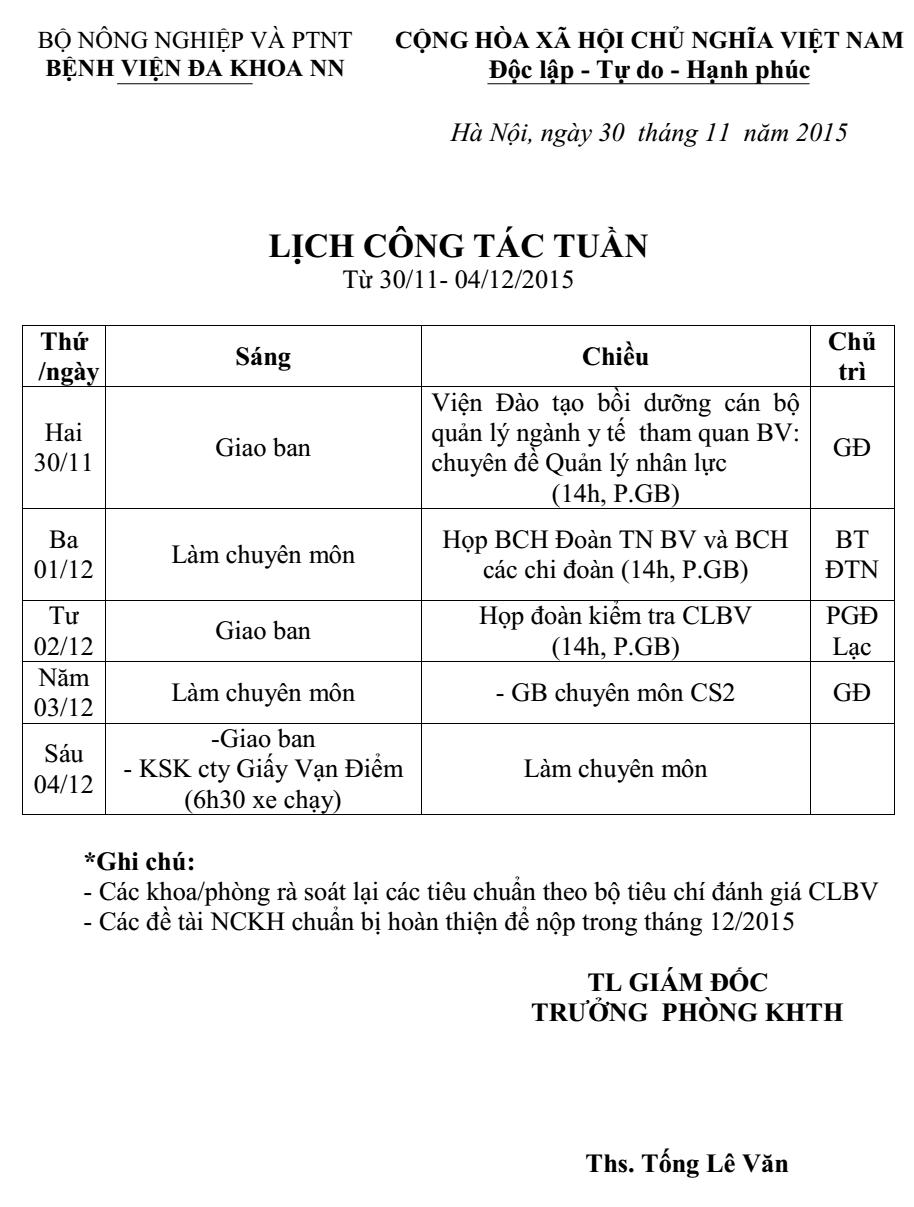 Lịch công tác tuần (từ ngày 30/11 đến 04/12/2015)