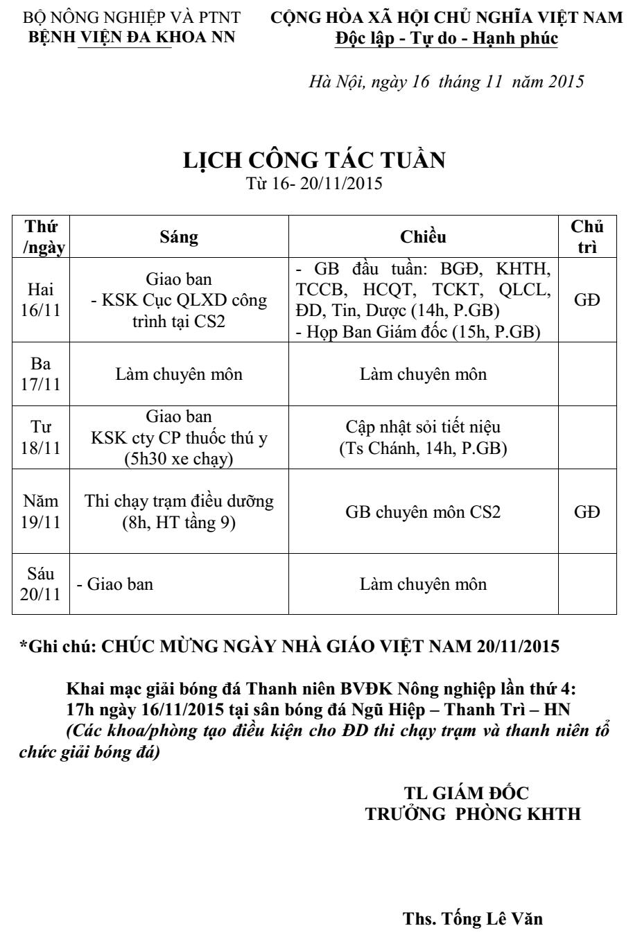 Lịch công tác tuần (từ ngày 16 đến 20/11/2015)