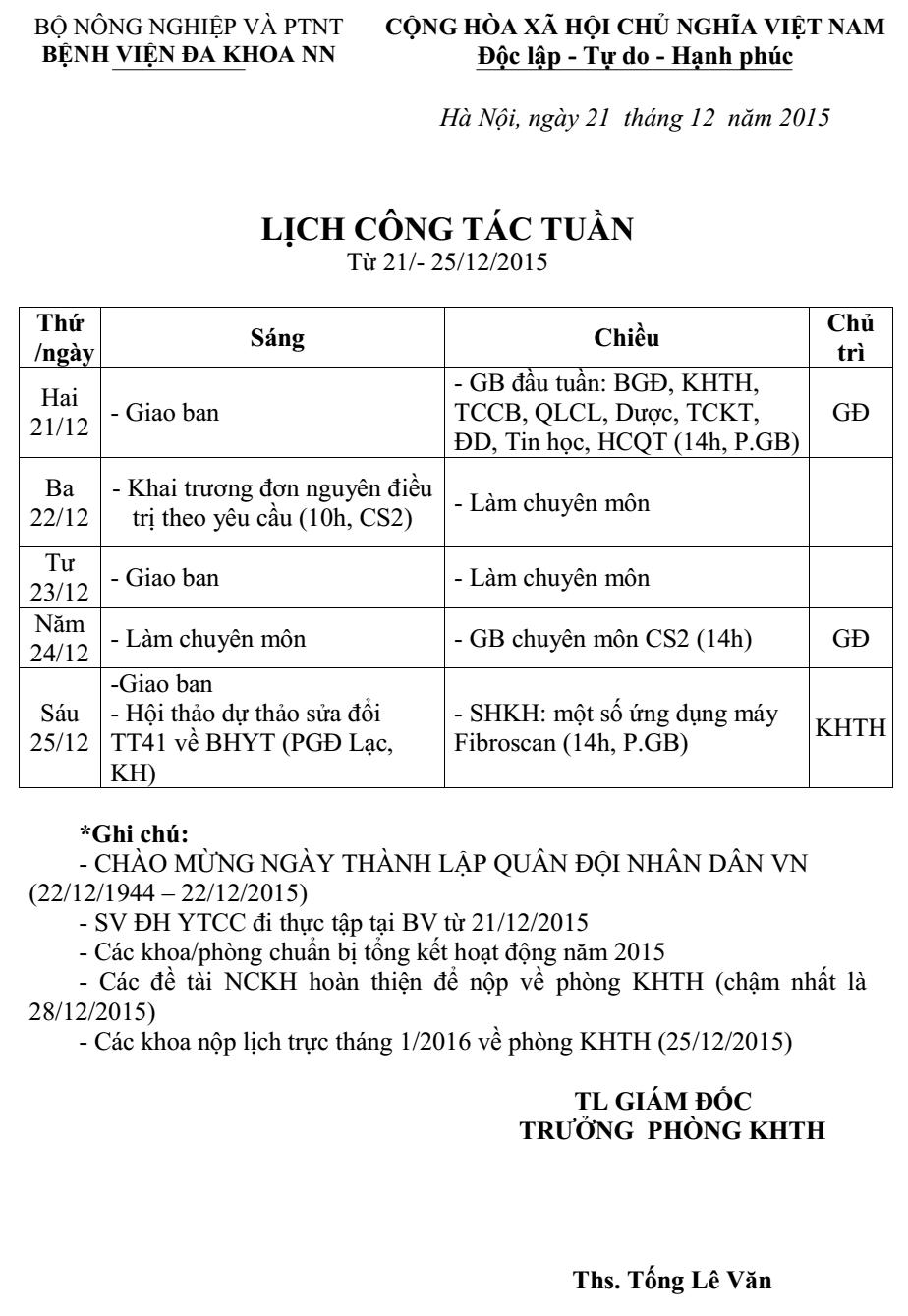 Lịch công tác tuần (từ ngày 21 đến 25/12/2015)