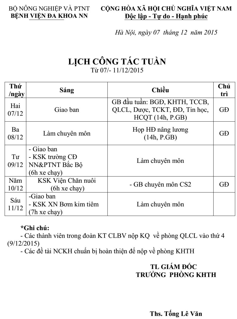 Lịch công tác tuần (từ ngày 07 đến 11/12/2015)