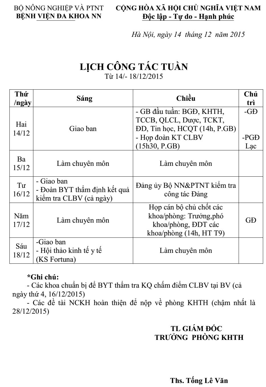 Lịch công tác tuần (từ ngày 14 đến 18/12/2015)