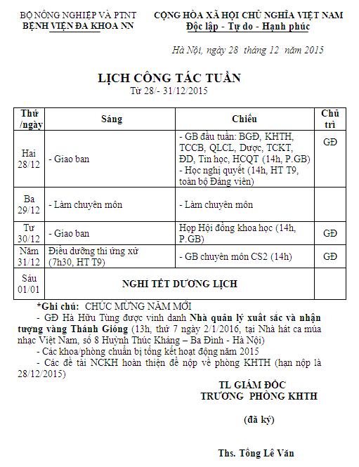 Lịch công tác tuần (từ ngày 28 đến 31/12/2015)