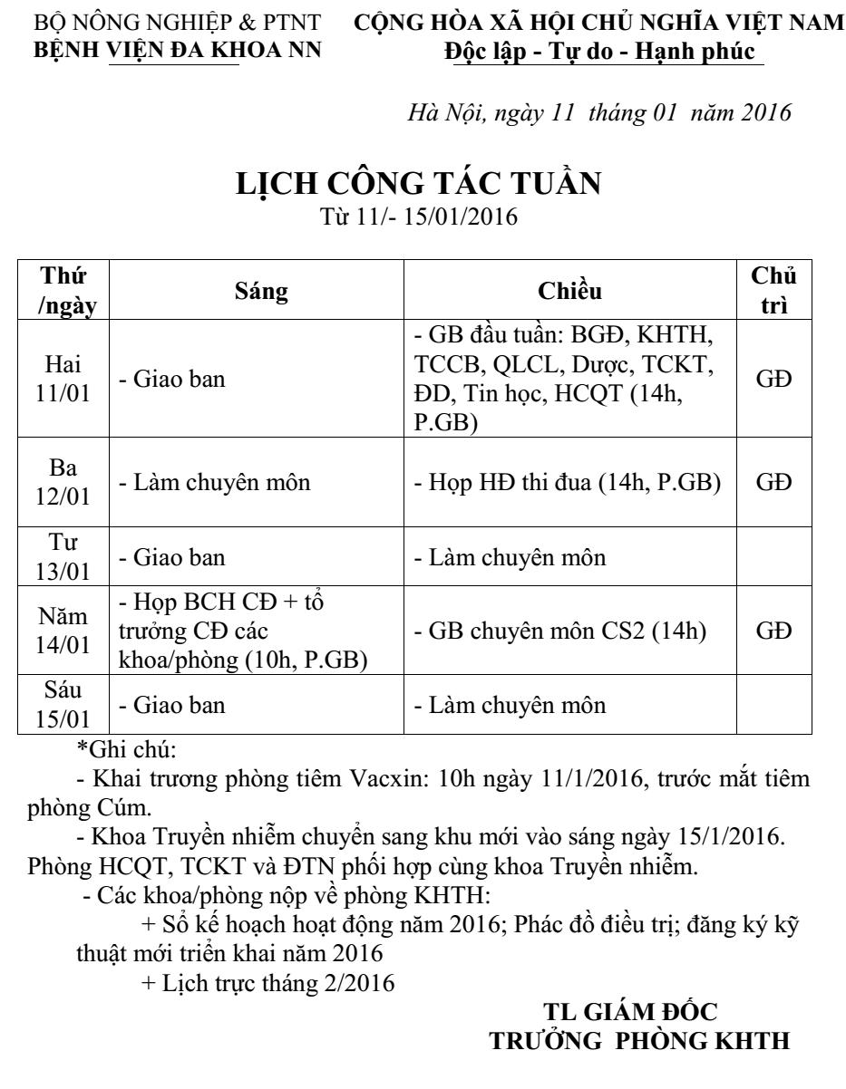 Lịch công tác tuần (từ ngày 11 đến 15/01/2016)