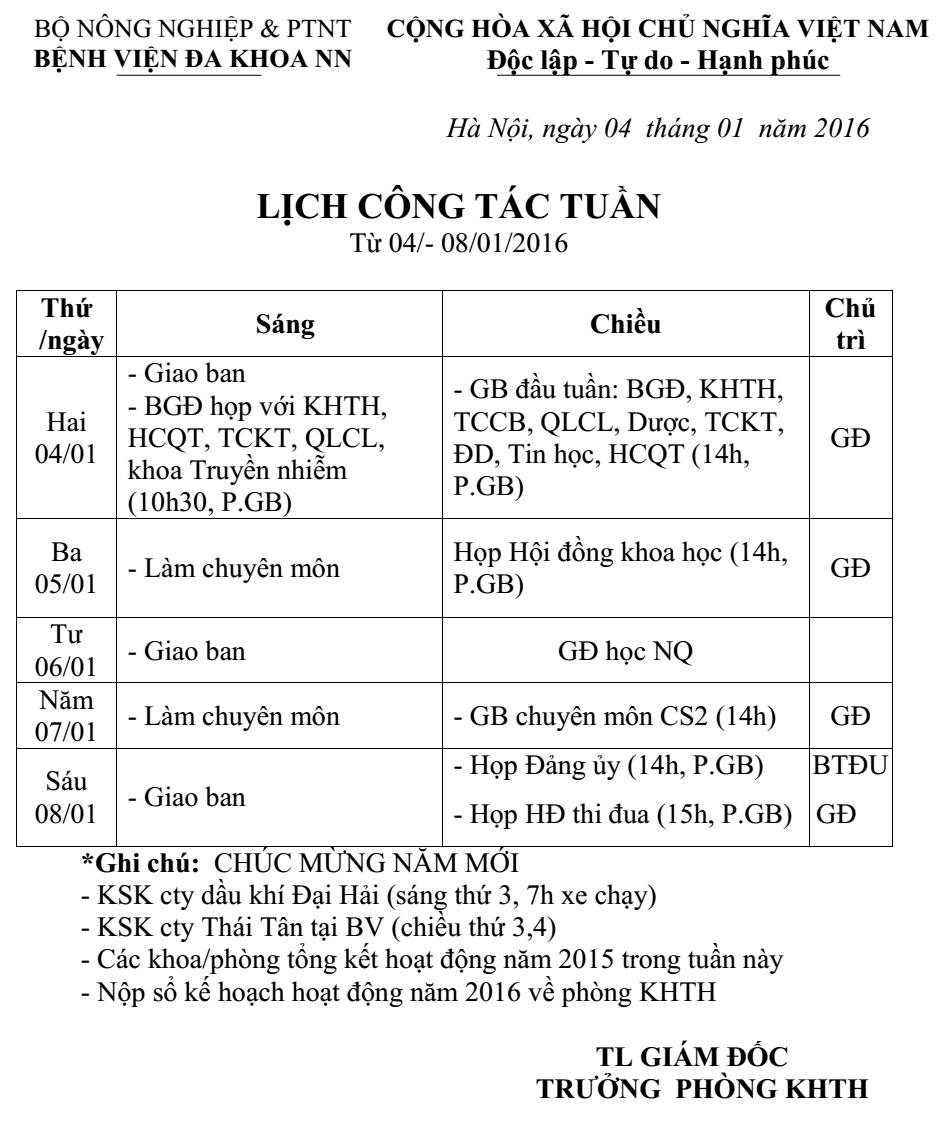 Lịch công tác tuần (từ ngày 04 đến 08/1/2016)