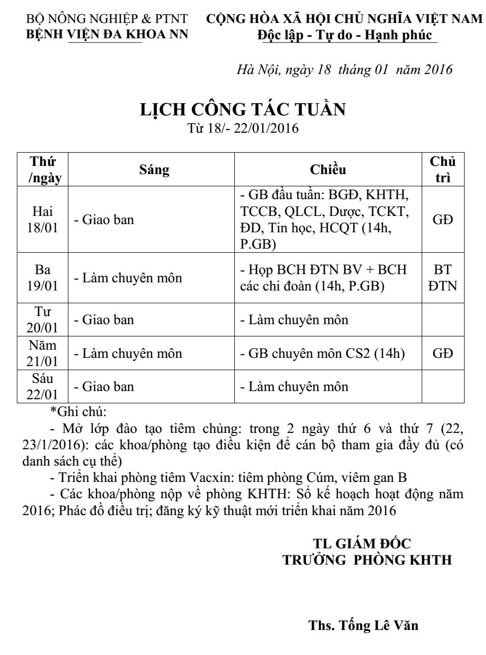 Lịch công tác tuần (từ ngày 18 đến 22/1/2016)