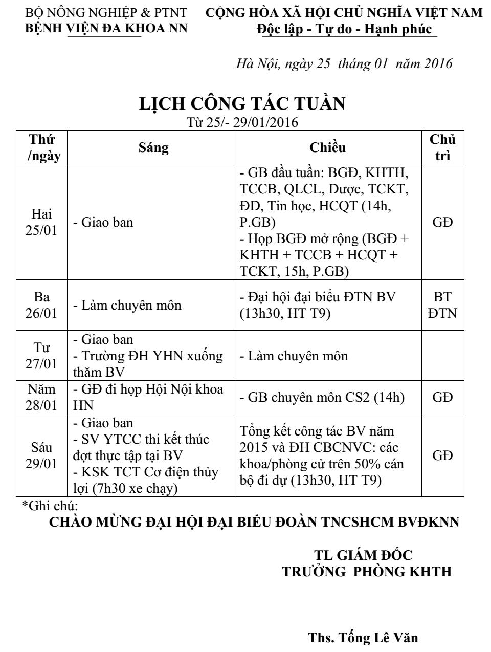 Lịch công tác tuần (từ ngày 25 đến 29/1/2016)