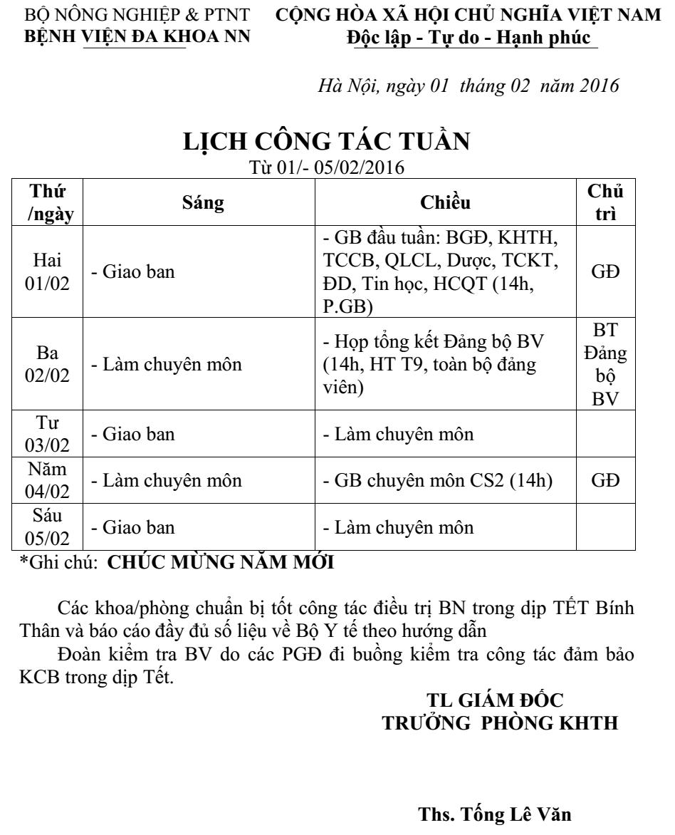 Lịch công tác tuần (từ ngày 01 đến 05/2/2016)