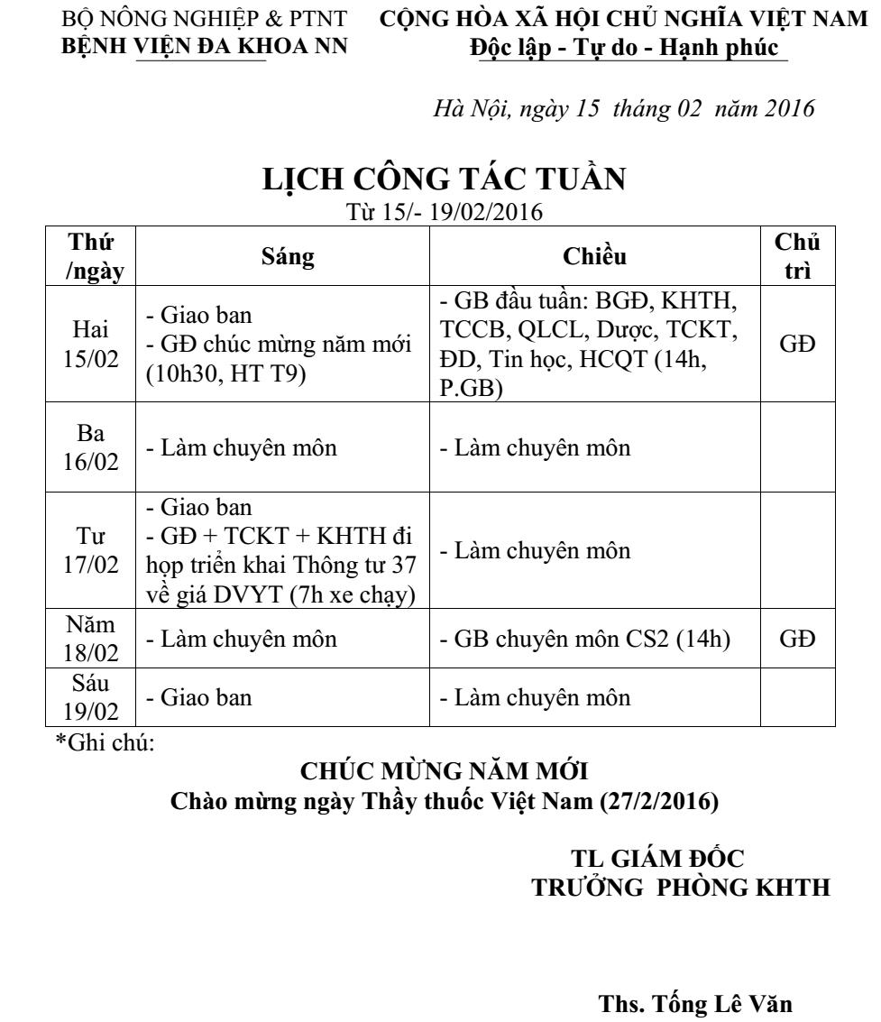 Lịch công tác tuần (từ ngày 15 đến 19/2/2016)