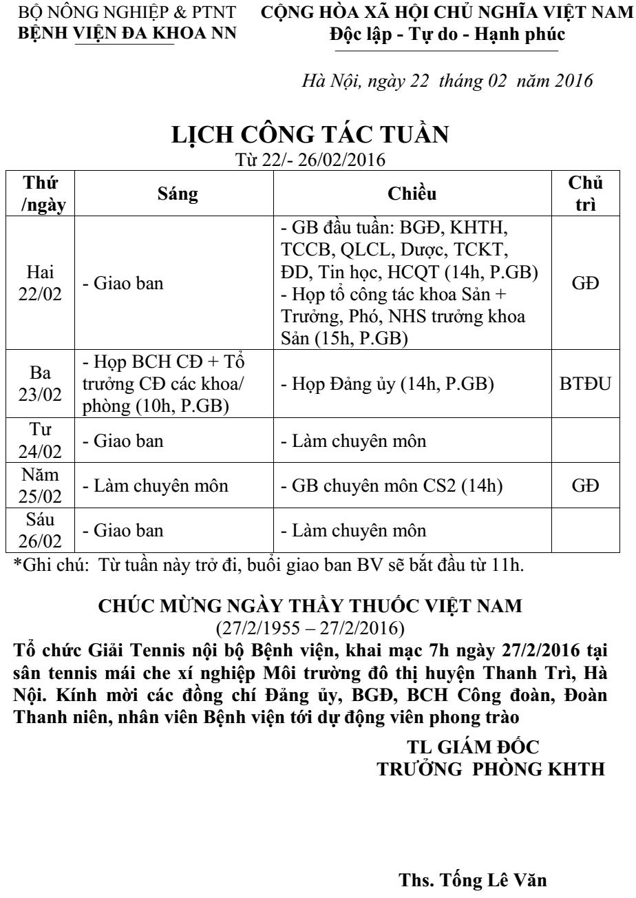 Lịch công tác tuần (từ ngày 22 đến 27/2/2016)