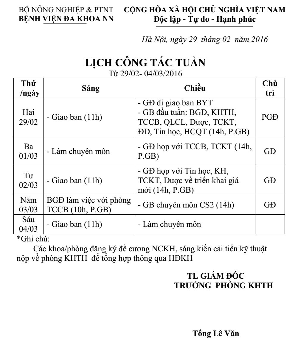 Lịch công tác tuần (từ ngày 29/2/2016 đến 04/3/2016)