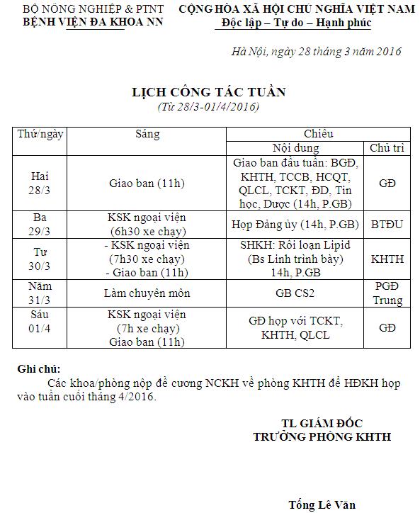 Lịch công tác tuần (từ ngày 28/3/2016 đến 01/4/2016)