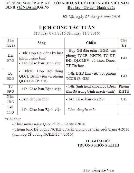 Lịch công tác tuần (từ ngày 07 đến 11/3/2016)