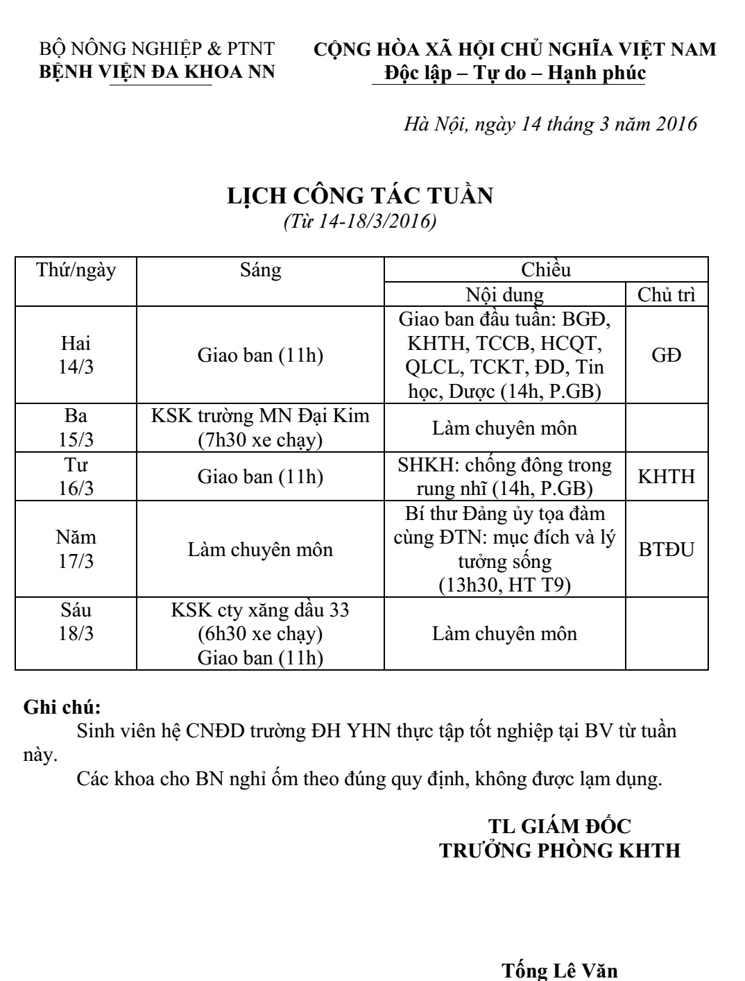 Lịch công tác tuần (từ ngày 14 đến 18/3/2016)