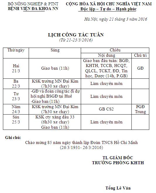 Lịch công tác tuần (từ ngày 21 đến 25 /3/2016)