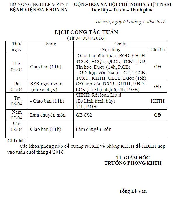 Lịch công tác tuần (từ ngày 04 đến 09/4/2016)