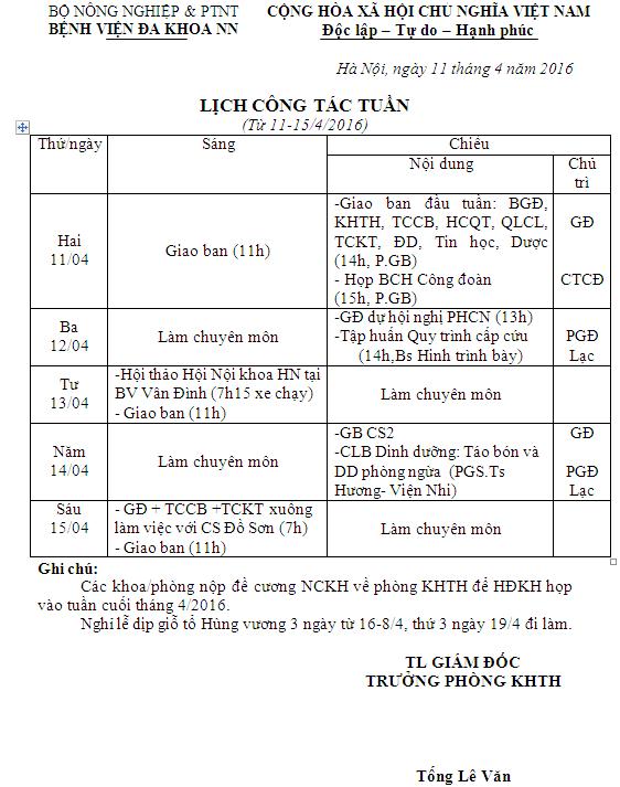 Lịch công tác tuần (từ ngày 11 đến 15/4/2016)