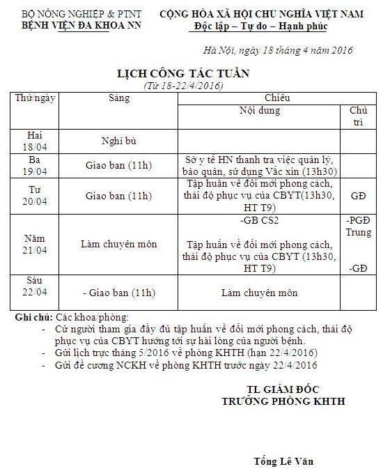 Lịch công tác tuần (từ ngày 19 đến 22/4/2016)