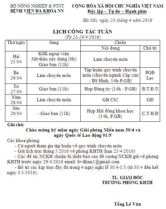 Lịch công tác tuần (từ ngày 25 đến 29/4/2016)