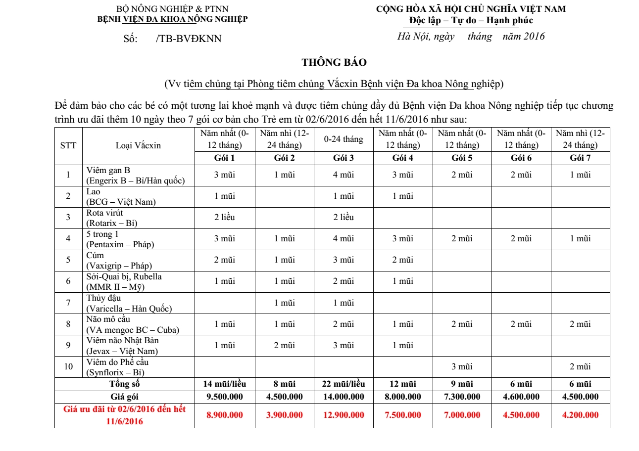 Thông báo về việc tiêm chủng tại Phòng tiêm chủng Bệnh viện Đa khoa Nông nghiệp