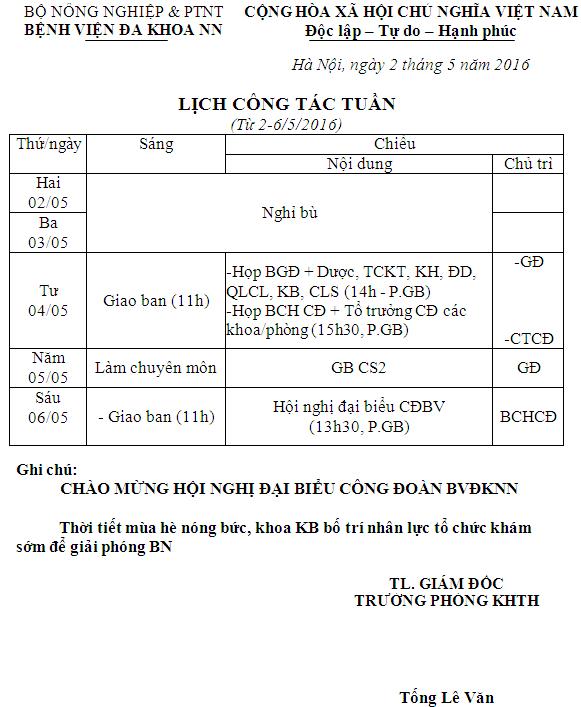 Lịch công tác tuần (từ ngày 02 đến 06/5/2016)