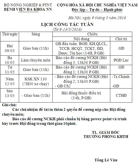 Lịch công tác tuần (từ ngày 09 đến 13/5/2016)