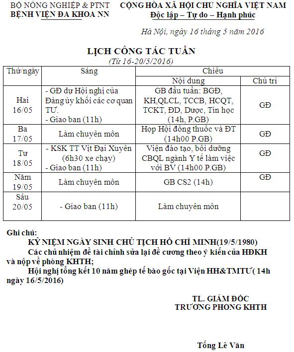 Lịch công tác tuần (từ ngày 16 đến 20/5/2016)