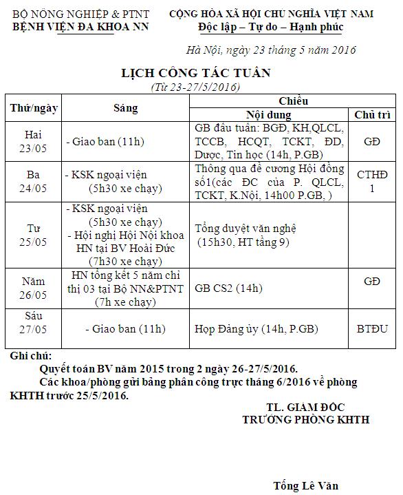 Lịch công tác Tuần (từ 23 đến 27/5/2016)