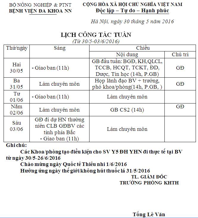 Lịch công tác tuần (từ ngày 30/5/2016 đến 03/6/2016)