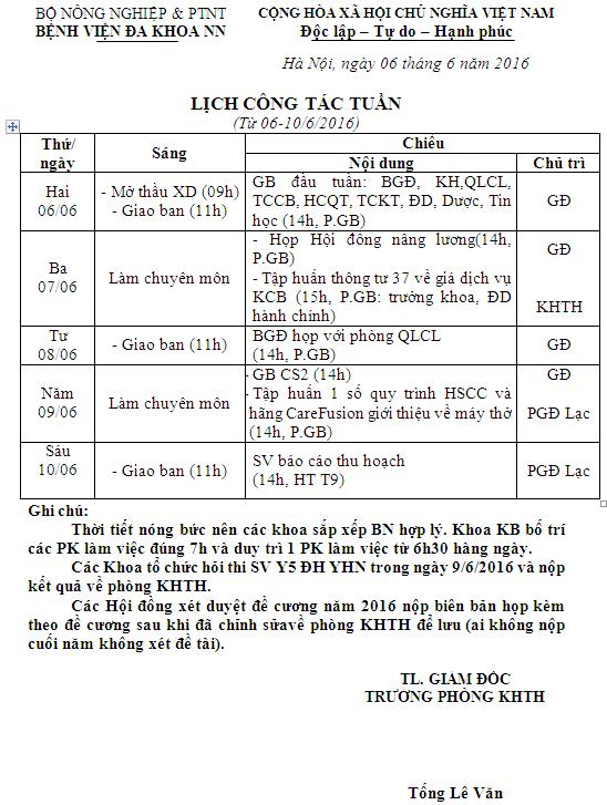 Lịch công tác tuần (từ ngày 06 đến 10/6/2016)