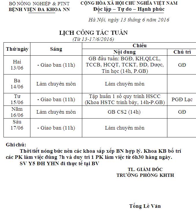 Lịch công tác tuần (từ ngày 13 đến 17/6/2016)