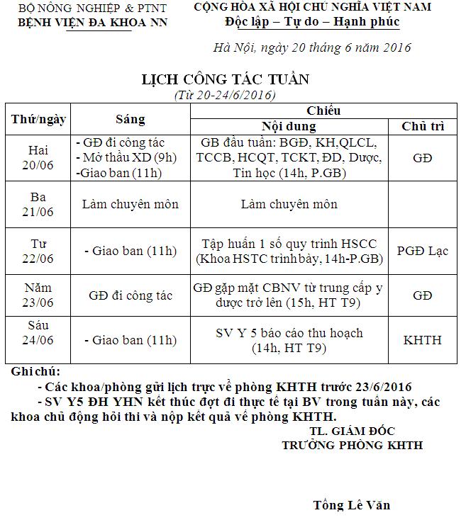 Lịch công tác tuần (từ ngày 20 đến 24/6/2016)