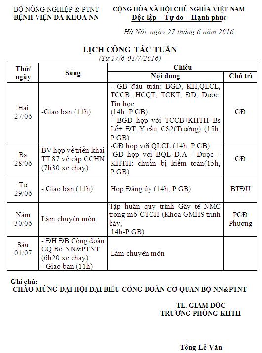 Lịch công tác tuần (từ ngày 27/6/2016 đến 01/7/2016)