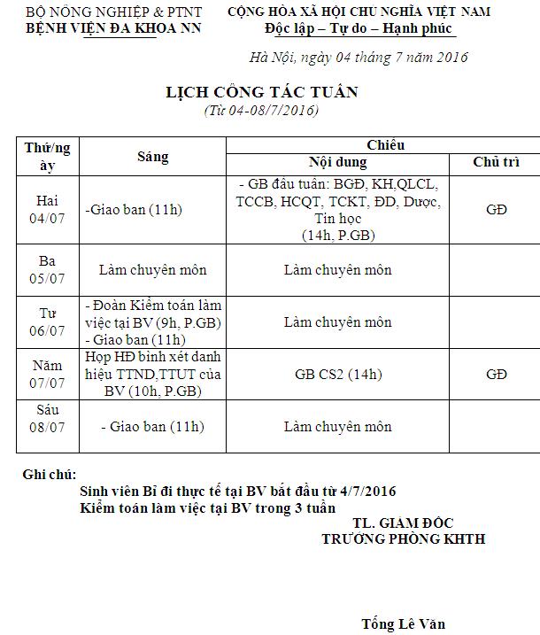 Lịch công tác tuần (từ ngày 04 đến 08/7/2016)